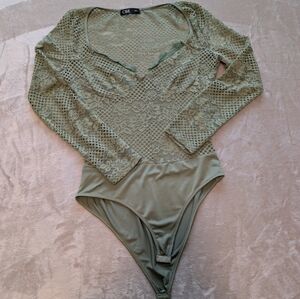 Sage Green Corset Lace Bodysuit Long Sleeve Sexy Date Night Romantic Feminine Lg